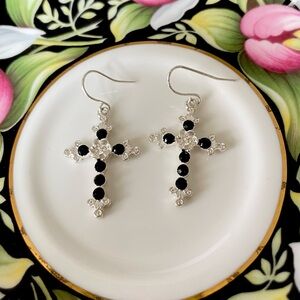 Silver and Black Cross Earrings